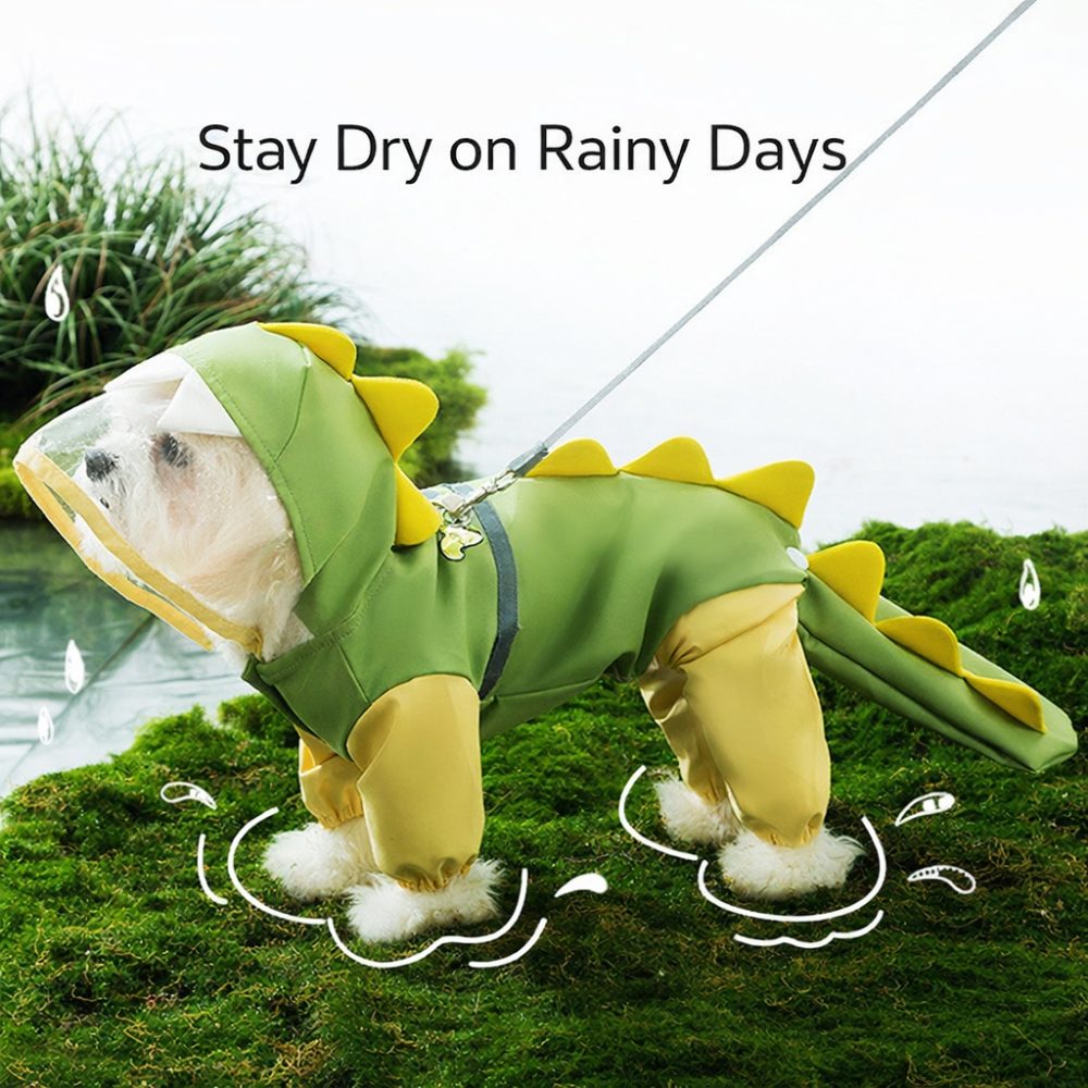 Dog Raincoat Waterproof 4-Legged Dinosaur Design With Tail Cover